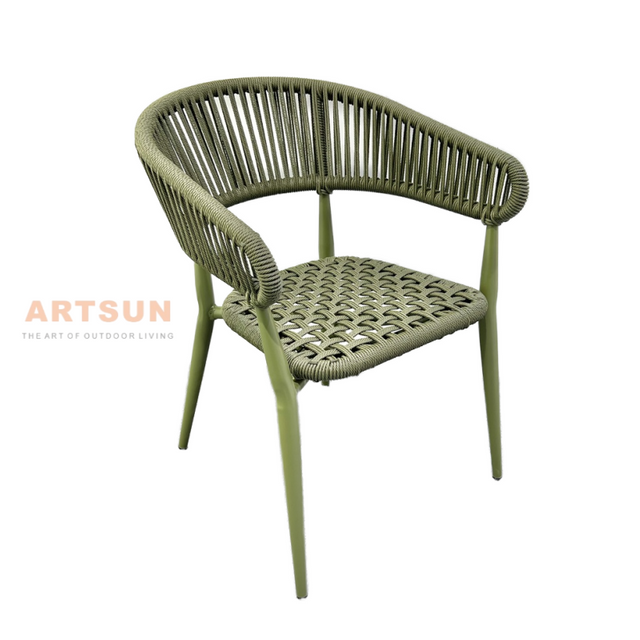 Silla de cuerda de tejido de jardín de reposabrazos de ratán para cenar al aire libre