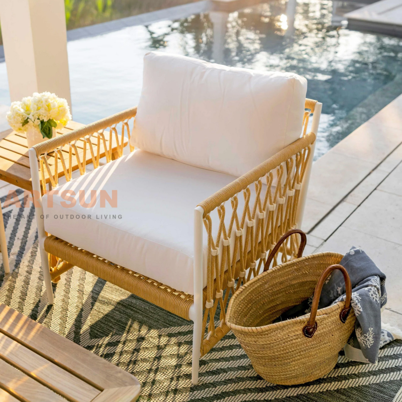 Silla de salón al aire libre Boho moderna con tejido y cojines para todo clima