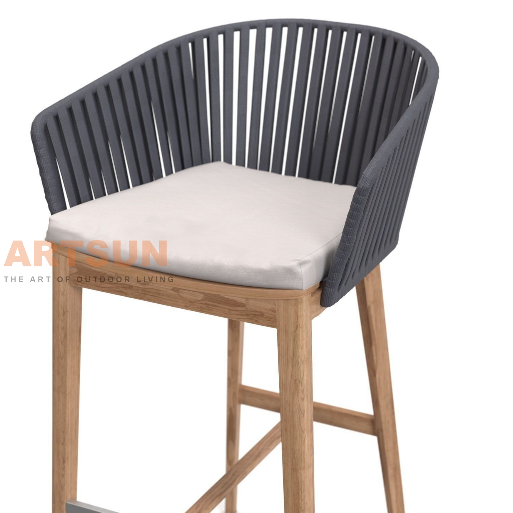 Elegante silla de bar de madera de teca para exteriores con reposabrazos de cuerda tejida para patio resort y bar en la azotea