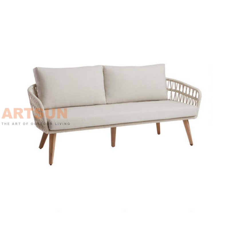 Sofá de patio al aire libre de cuerda tejida con mesa de madera de teca