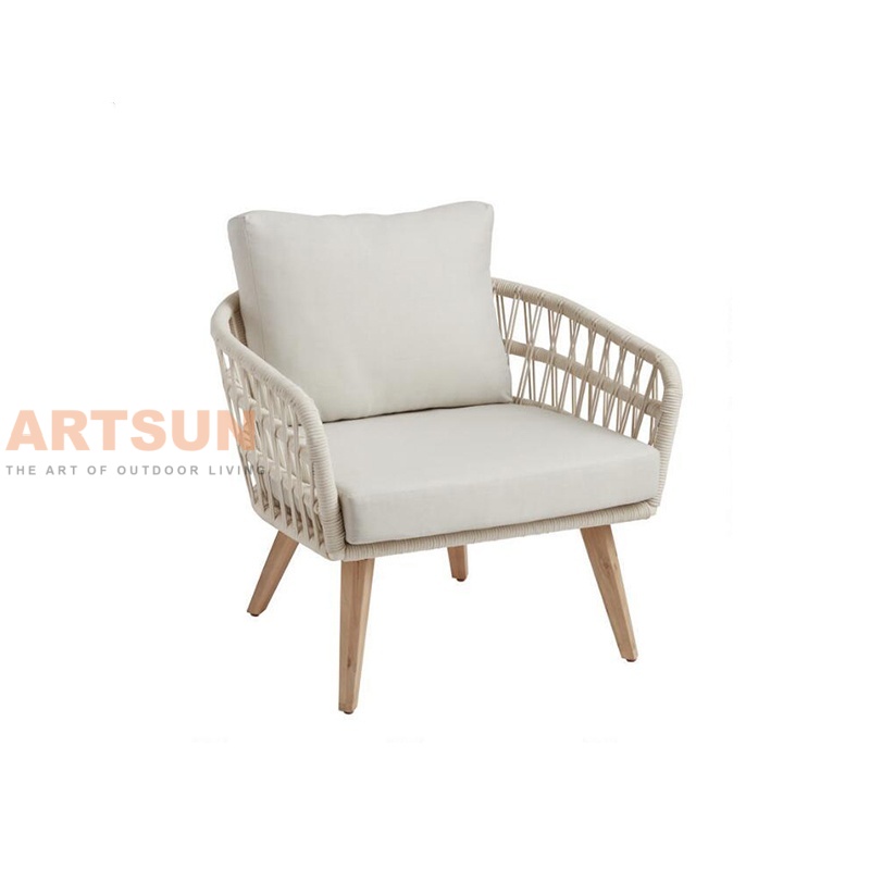 Sofá de patio al aire libre de cuerda tejida con mesa de madera de teca