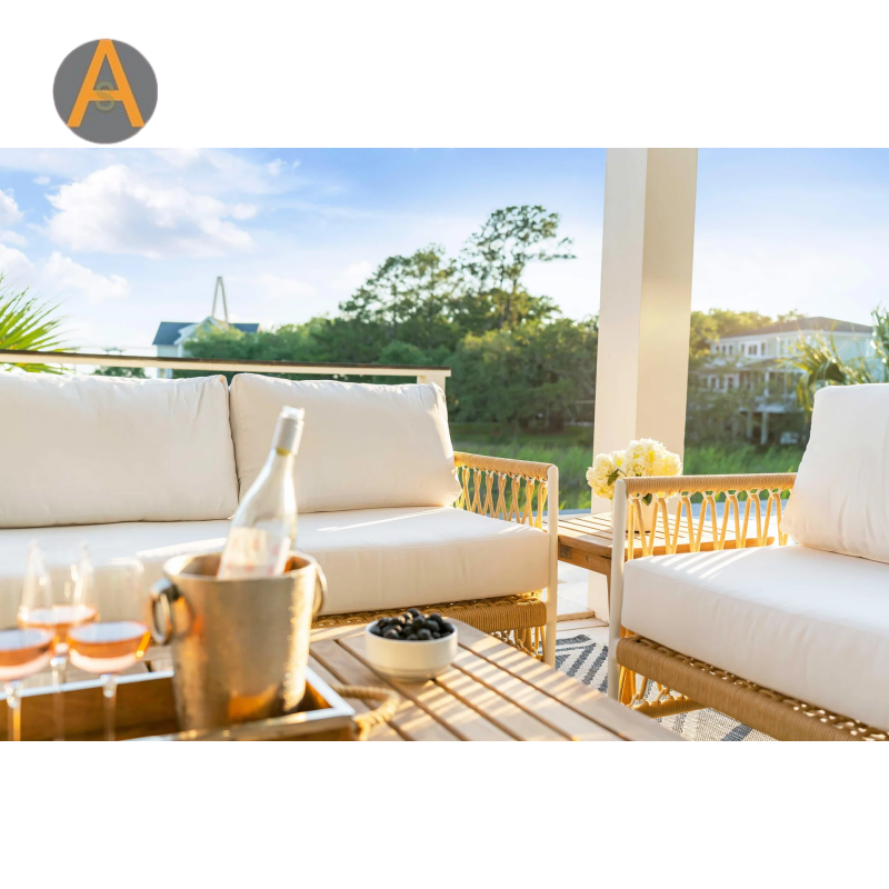 Silla de salón al aire libre Boho moderna con tejido y cojines para todo clima