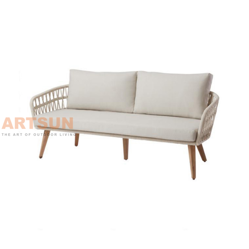 Sofá de patio al aire libre de cuerda tejida con mesa de madera de teca