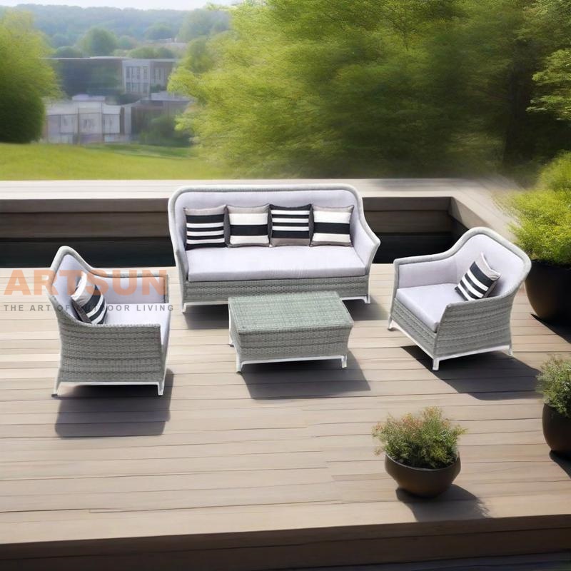 Conjunto de sofás de ratán para ocio al aire libre con cojines y mesa de centro