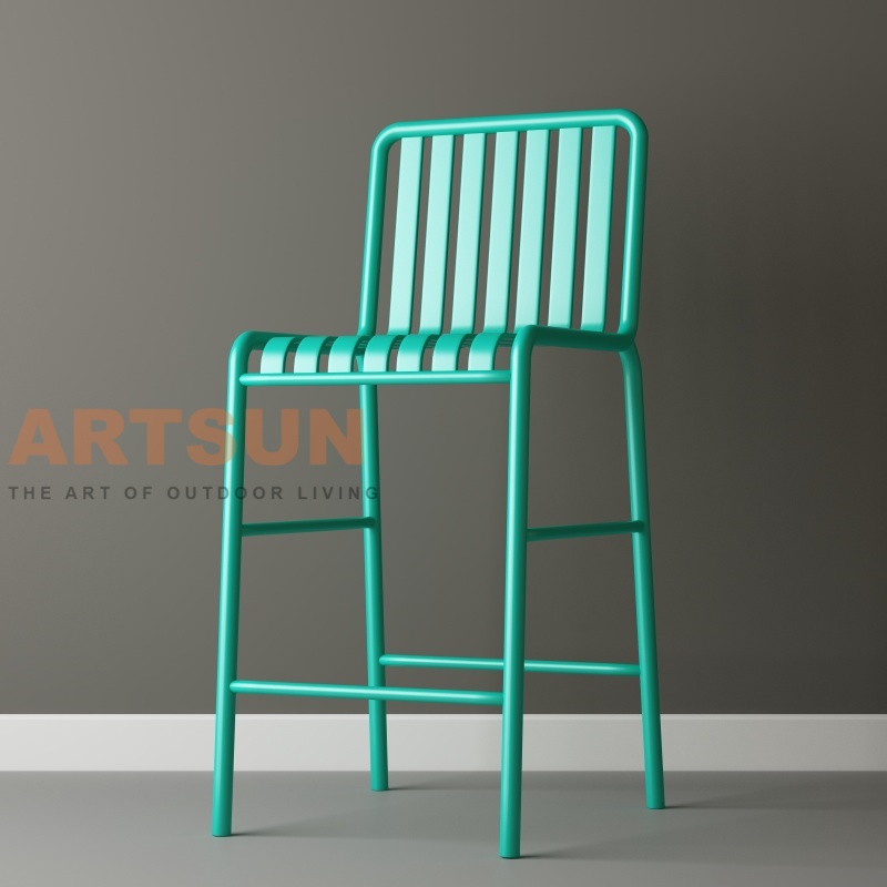 Silla de bar de aluminio para exteriores con diseño de respaldo de listones para proyectos comerciales de bares de patio modernos