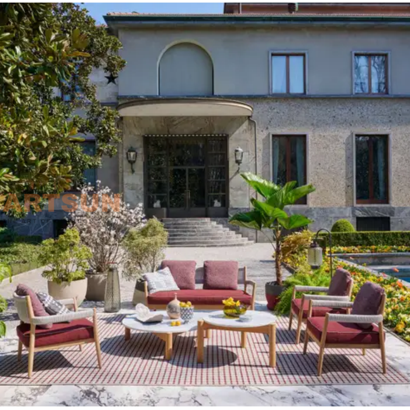 Sofá moderno de 2 plazas de madera de teca tejida con cuerdas