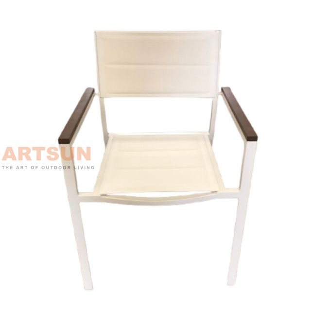 Silla de comedor apilable de diseño transpirable blanco para junto a la piscina con tejido Teslin