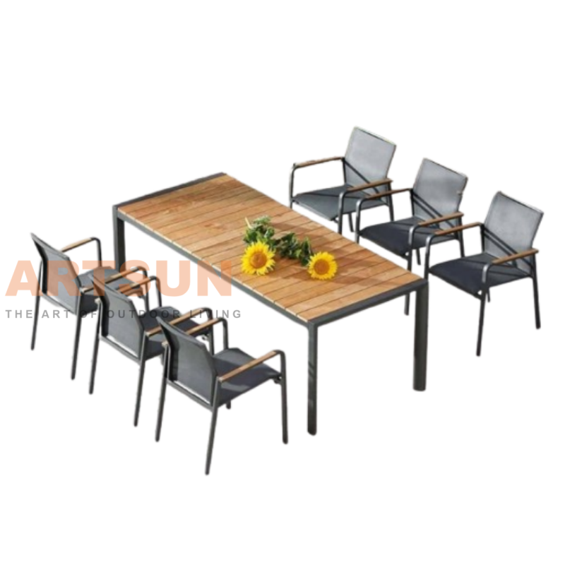 Moderna mesa de comedor de aluminio con tapa de madera de teca y sillas Teslin Sling para hotel