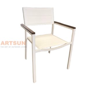 Silla de comedor apilable de diseño transpirable blanco para junto a la piscina con tejido Teslin