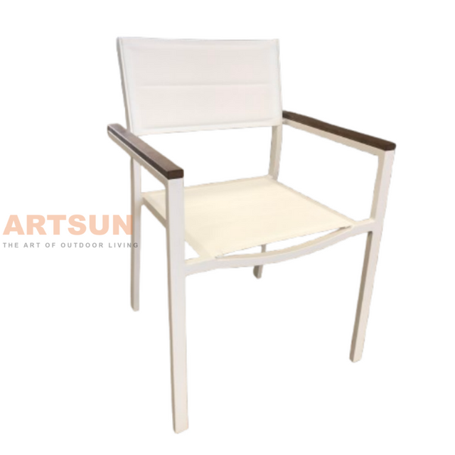 Silla de comedor apilable de diseño transpirable blanco para junto a la piscina con tejido Teslin