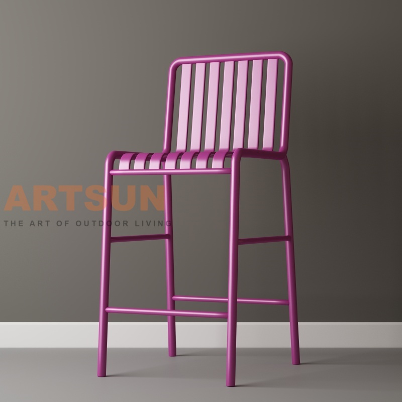Silla de bar de aluminio para exteriores con diseño de respaldo de listones para proyectos comerciales de bares de patio modernos