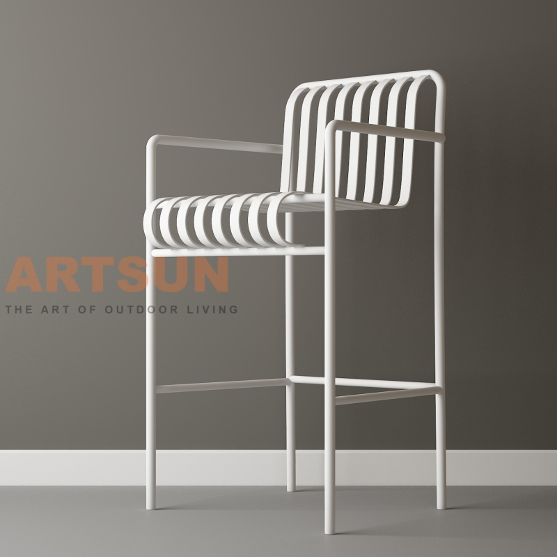 Silla de bar de aluminio para exteriores con diseño de respaldo de listones para proyectos comerciales de bares de patio modernos