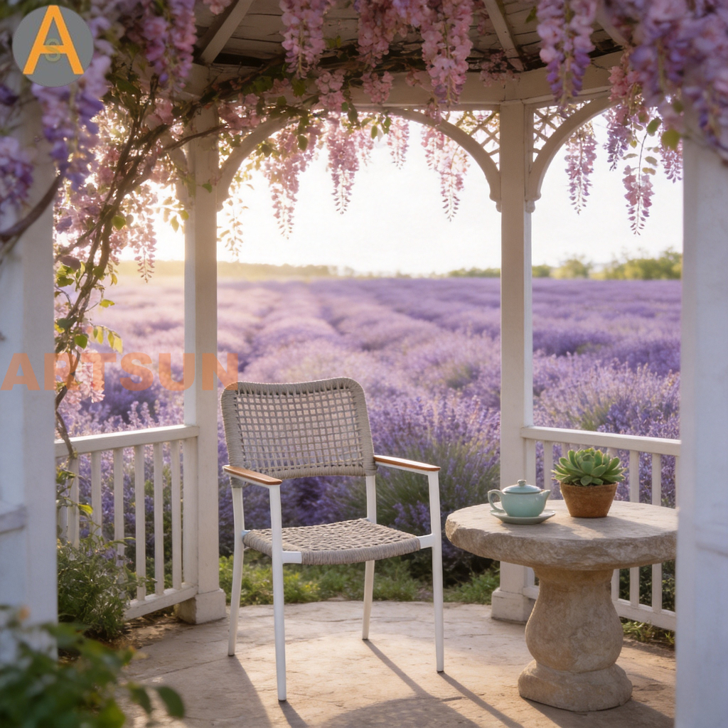 Nuevo diseño premium apilable Patio al aire libre Jardín Tejido de cuerdas Garantía resistente a la intemperie Silla de comedor para Resort Hotel Villa Restaurante Hospitalidad junto a la piscina