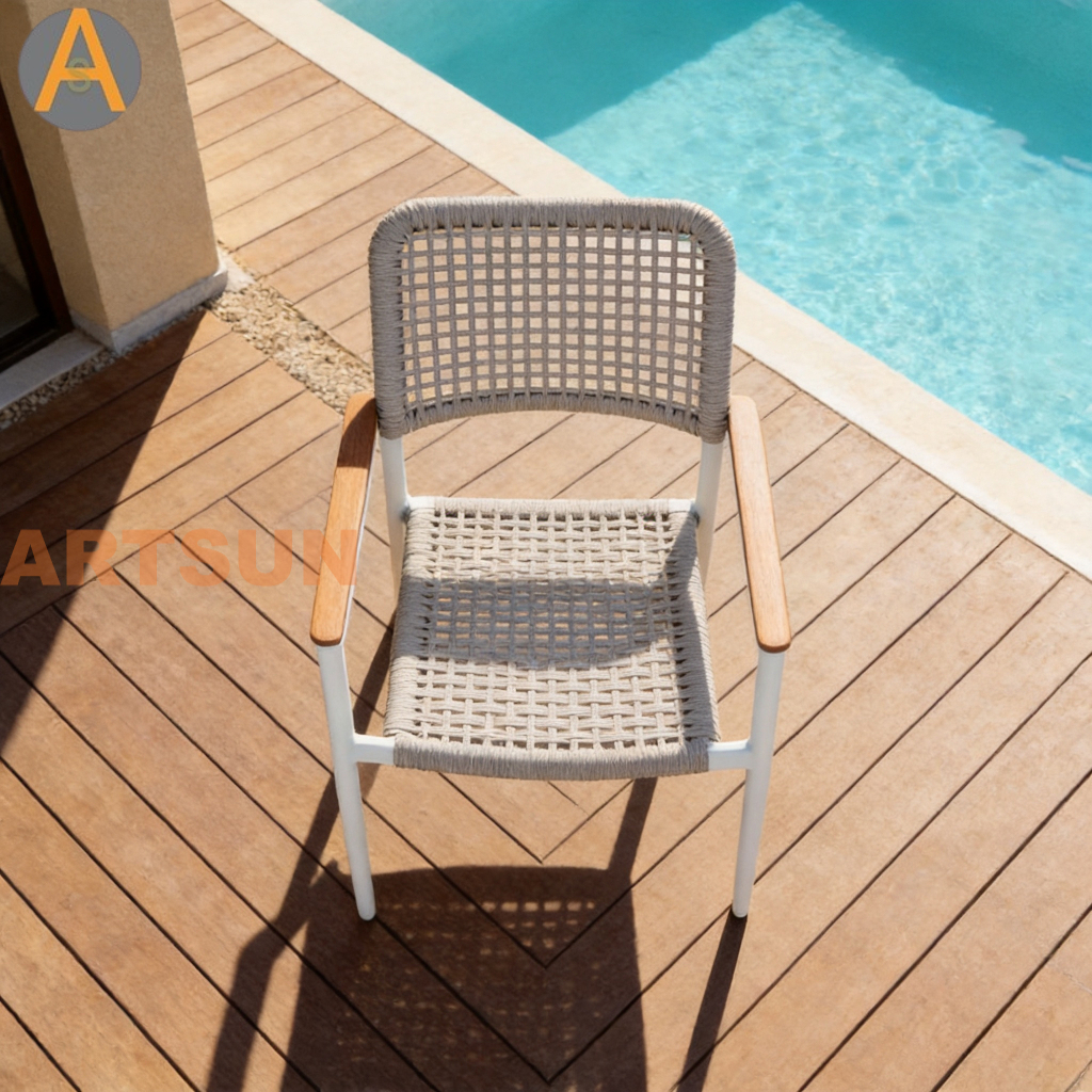 Nuevo diseño premium apilable Patio al aire libre Jardín Tejido de cuerdas Garantía resistente a la intemperie Silla de comedor para Resort Hotel Villa Restaurante Hospitalidad junto a la piscina