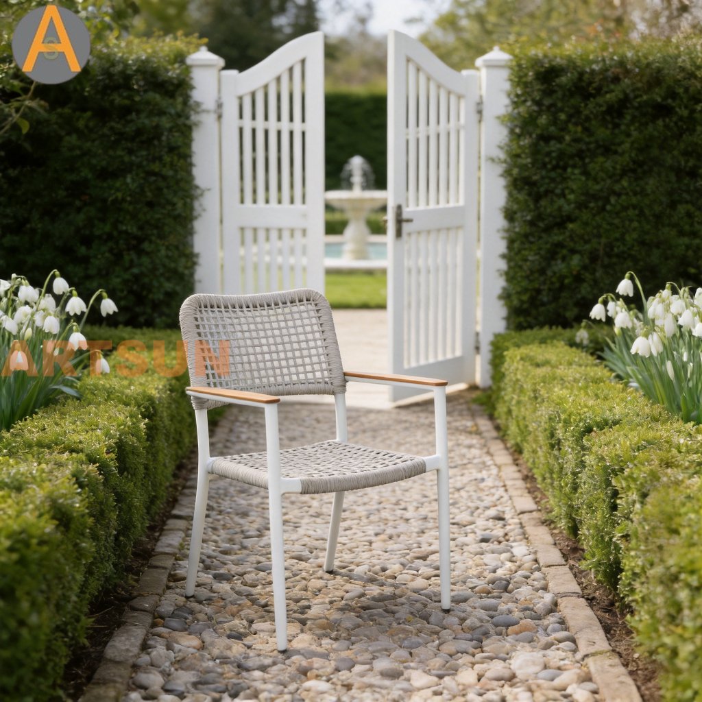 Nuevo diseño premium apilable Patio al aire libre Jardín Tejido de cuerdas Garantía resistente a la intemperie Silla de comedor para Resort Hotel Villa Restaurante Hospitalidad junto a la piscina