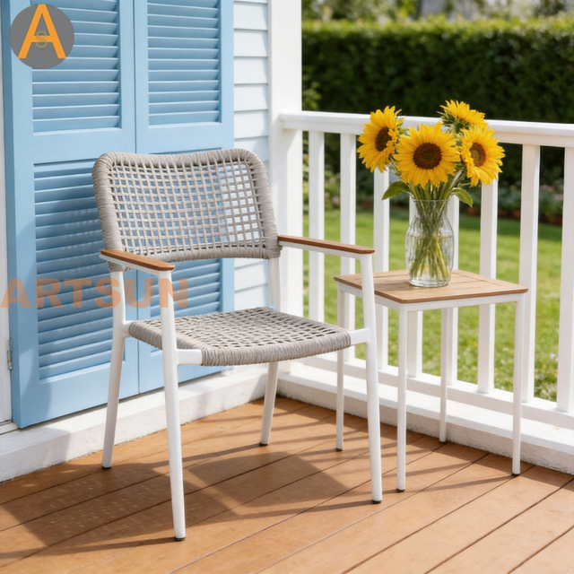 Nuevo diseño premium apilable Patio al aire libre Jardín Tejido de cuerdas Garantía resistente a la intemperie Silla de comedor para Resort Hotel Villa Restaurante Hospitalidad junto a la piscina
